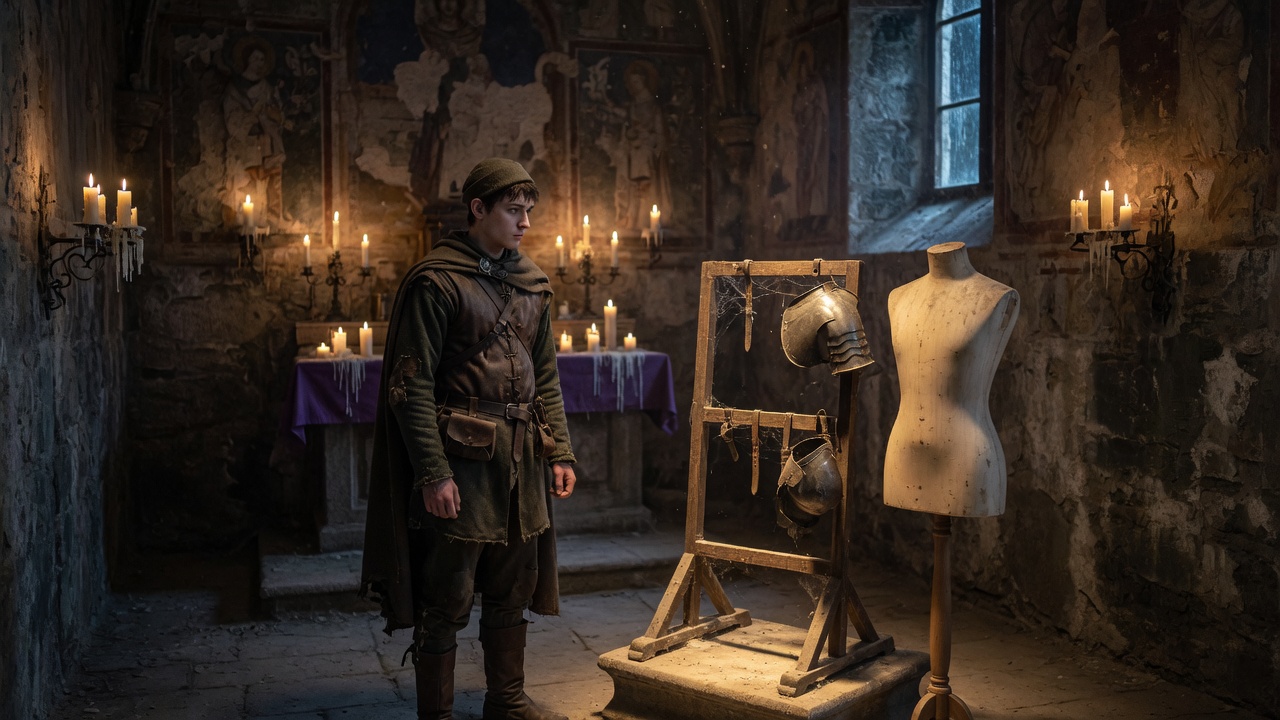 A single young traveler beside an unused armor stand in a chapel