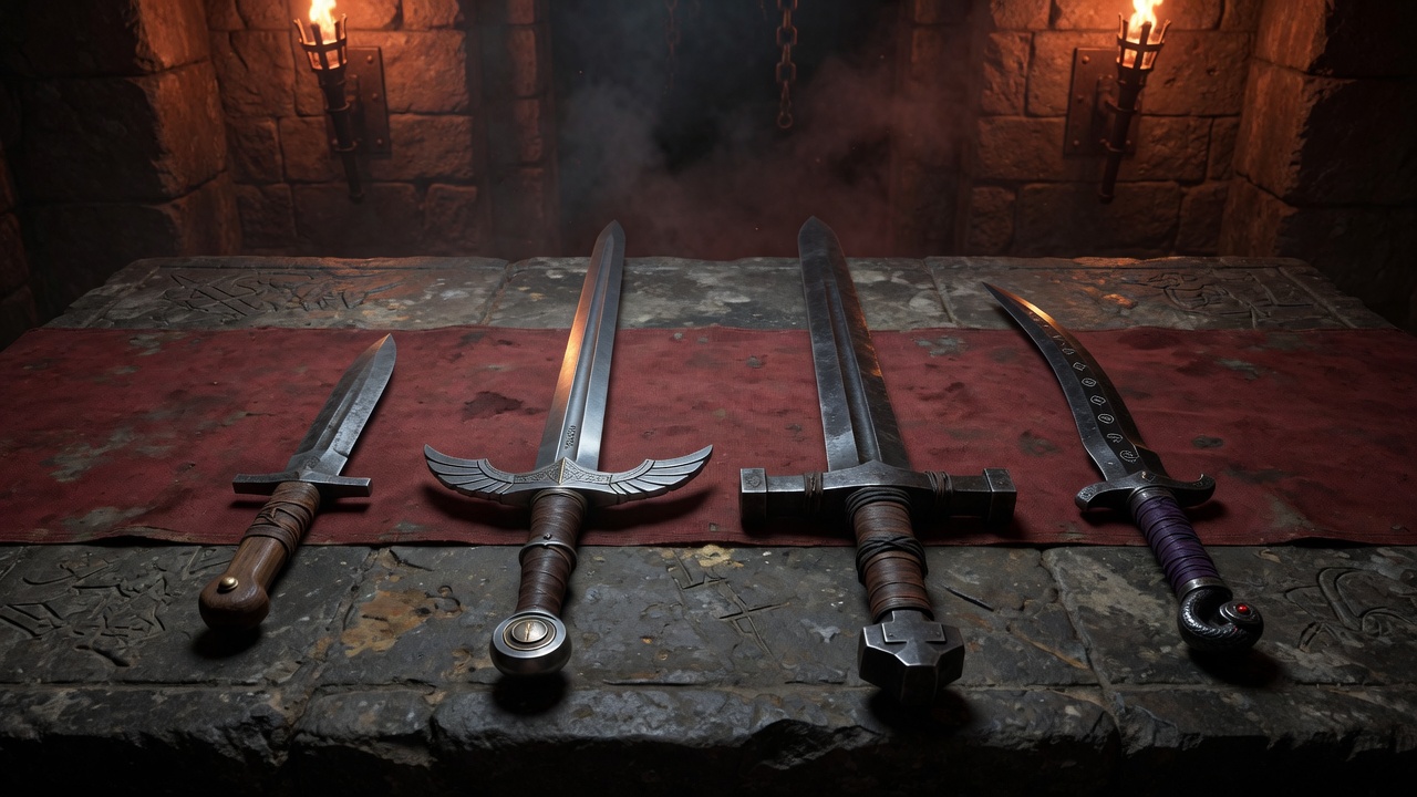 Four distinct weapons laid on a stone war-table