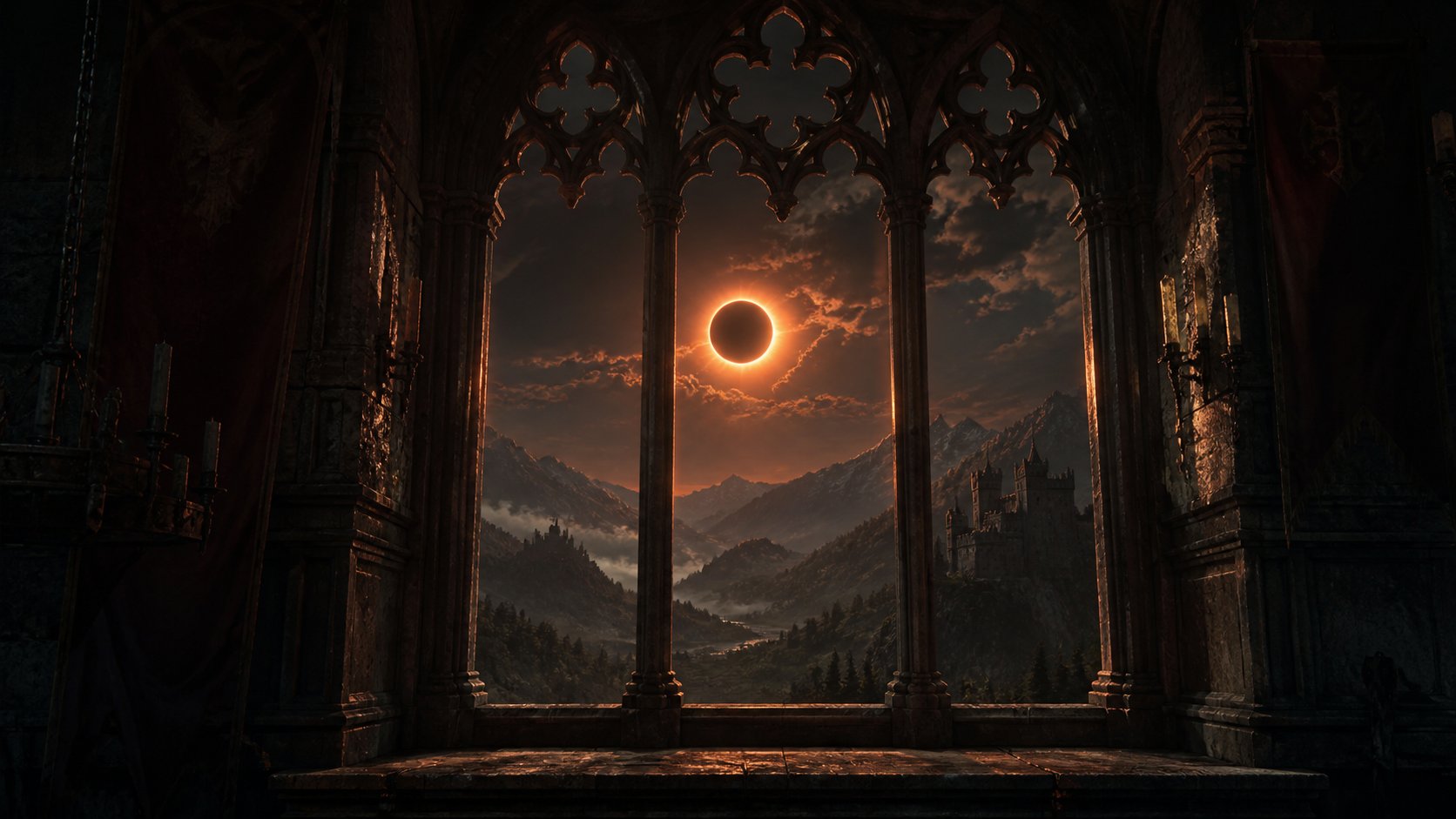 A gothic window looking out on a valley eclipse