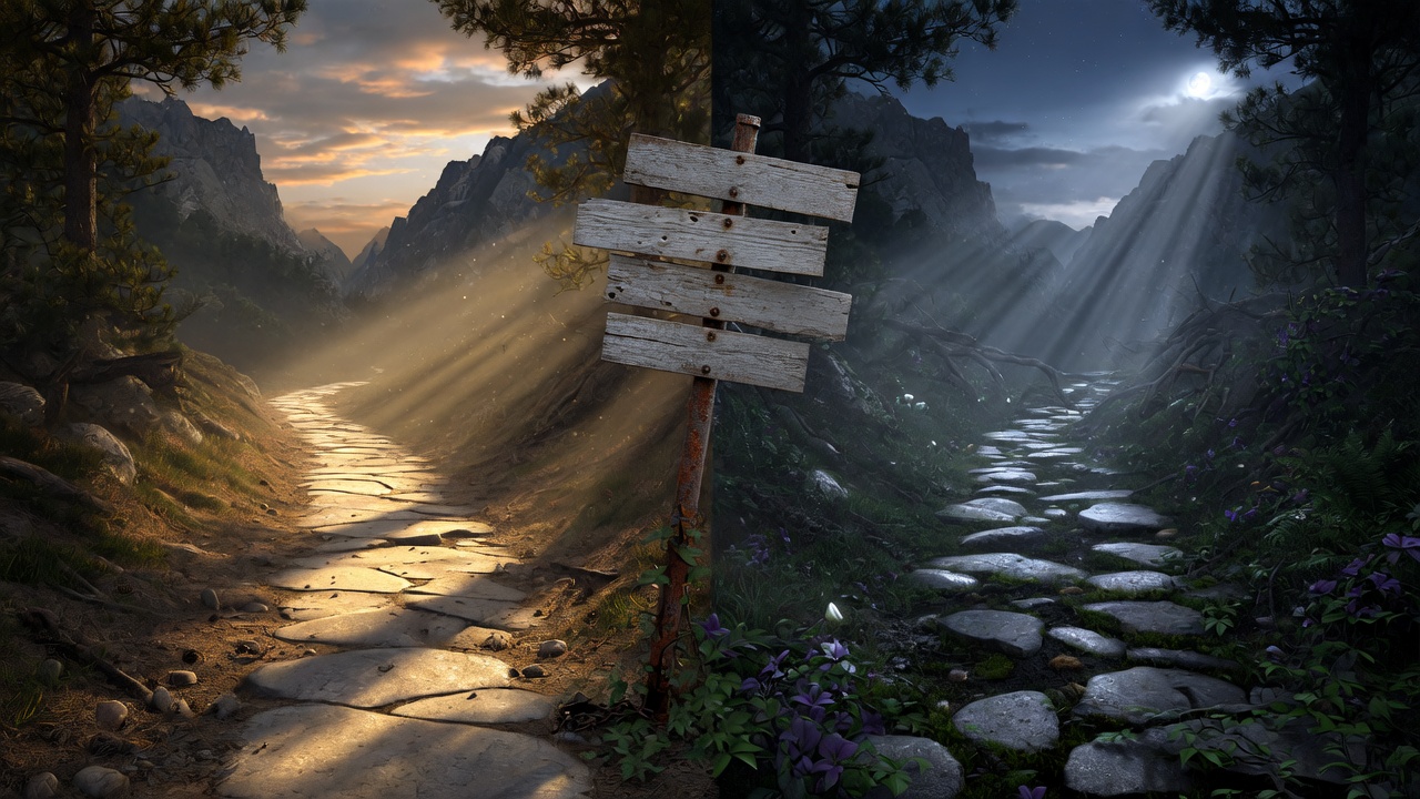 A mountain trail splitting into a sunlit path and a moonlit overgrown path