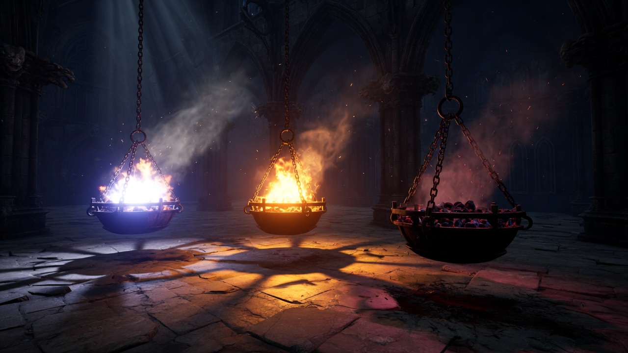 Three hanging braziers burning at different intensities in a gothic hall