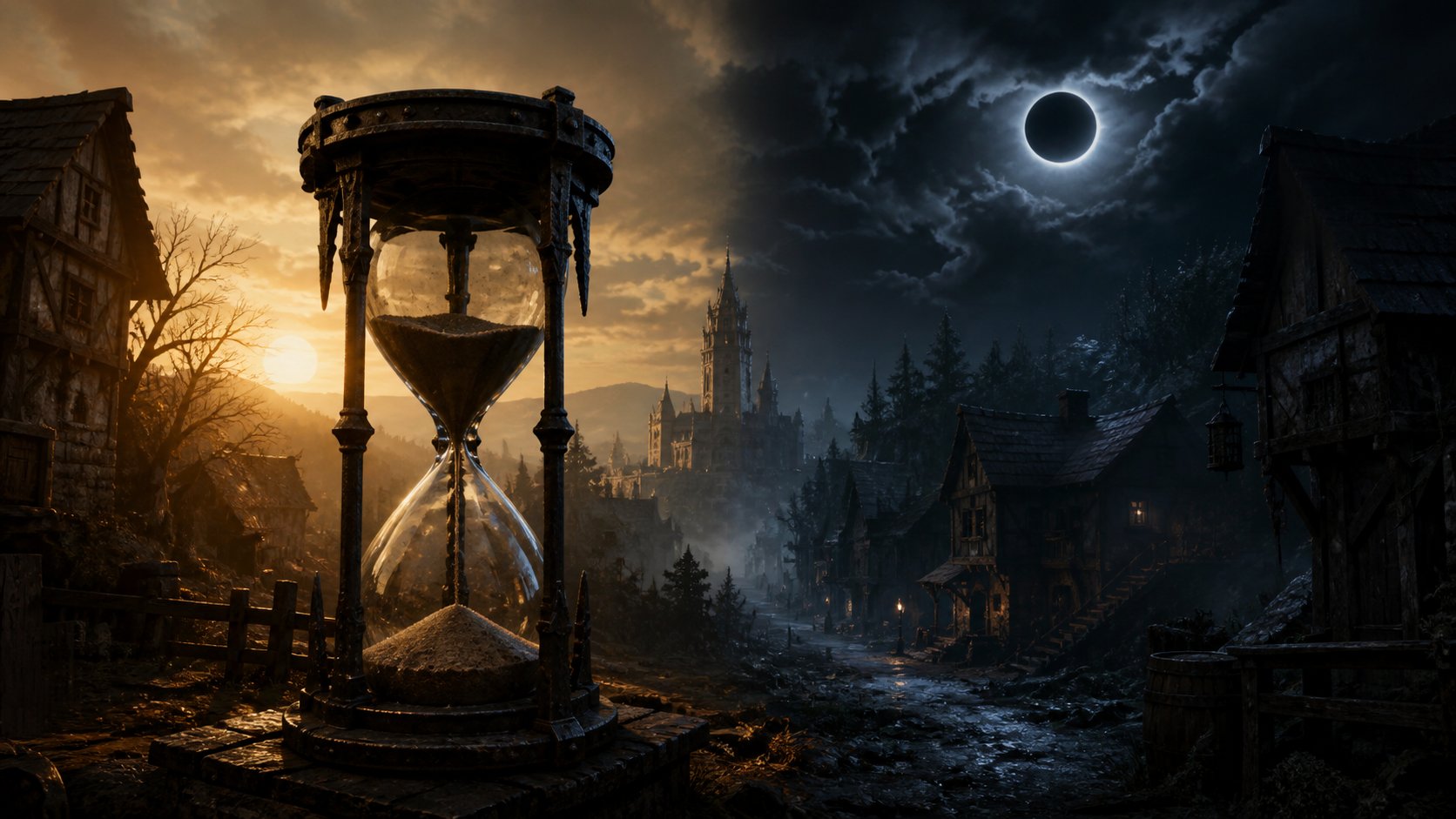 An hourglass standing between daylight and eclipse night