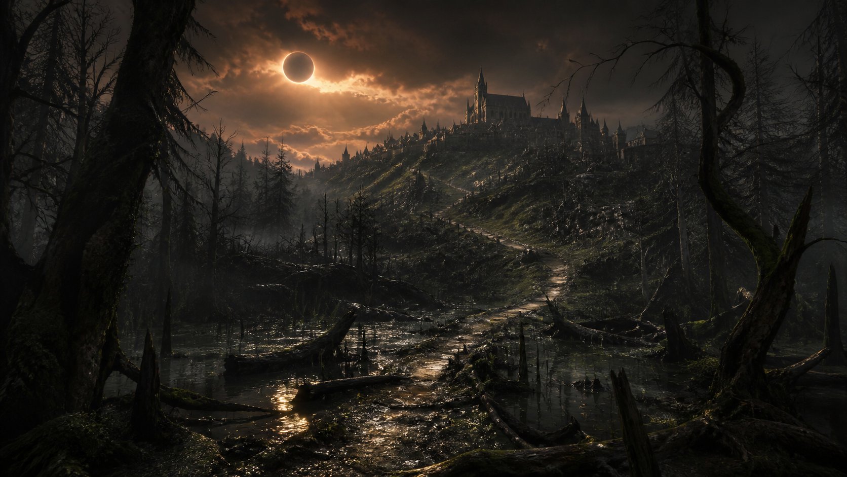 A swamp trail climbing toward a hilltop city